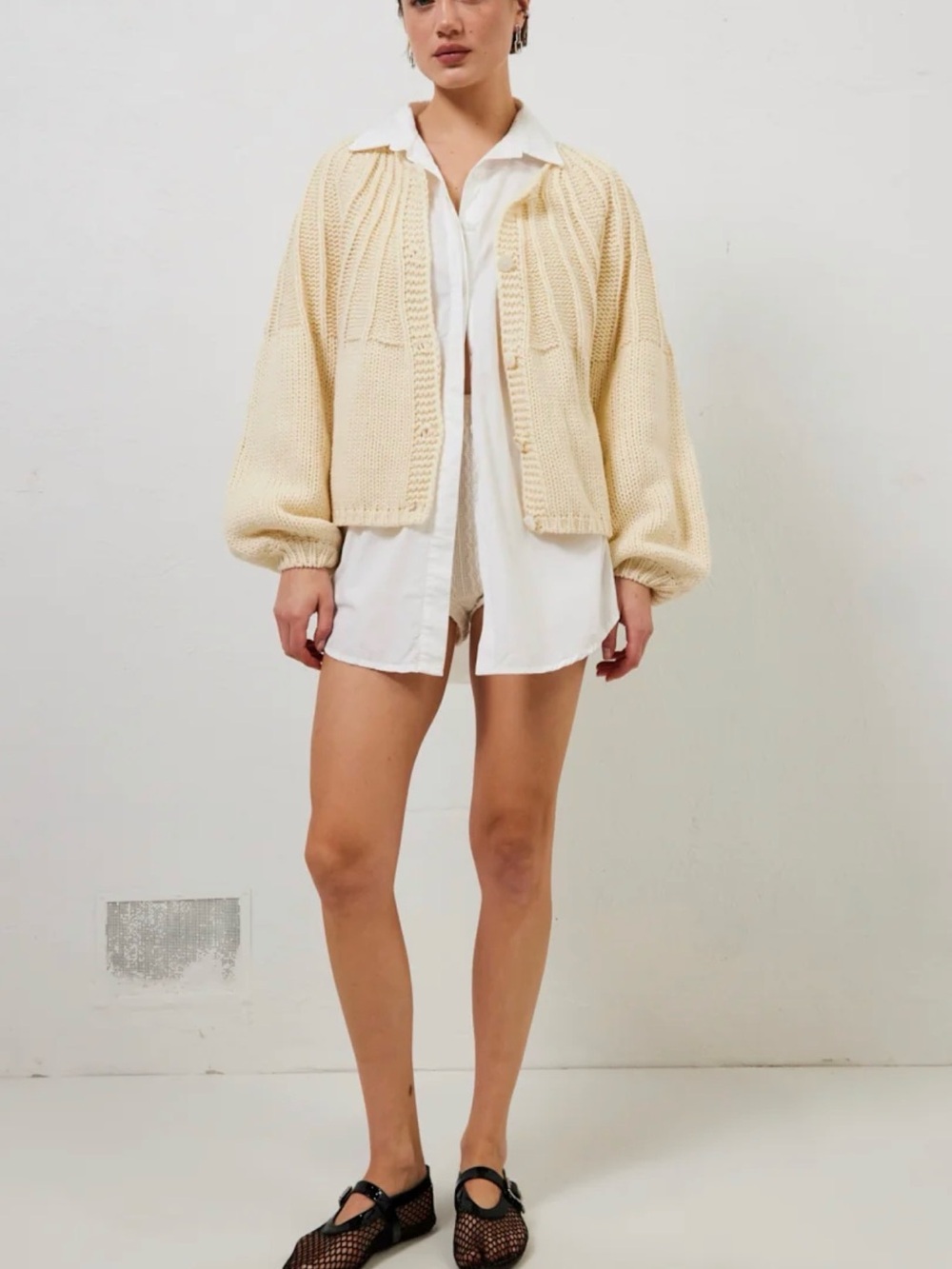 Ivory Knit Teddy Jacket with Balloon Sleeves